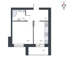 1-комнатная, 42.5 м²