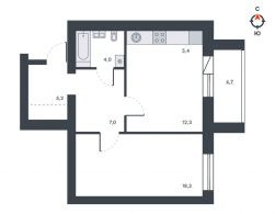 2-комнатная, 57 м²