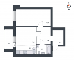 2-комнатная, 56.9 м²