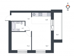2-комнатная, 50.6 м²