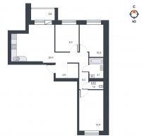 3-комнатная, 76.1 м²