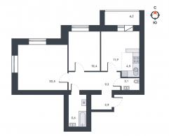 3-комнатная, 75.8 м²