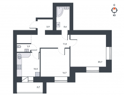 2-комнатная, 72 м²