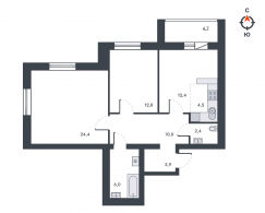 3-комнатная, 80 м²