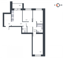 3-комнатная, 76.7 м²