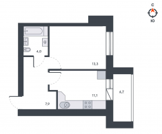 1-комнатная, 41.1 м²