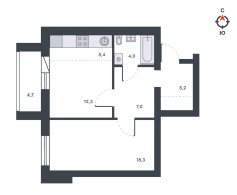 2-комнатная, 56.7 м²