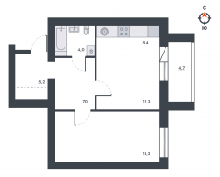 2-комнатная, 57 м²
