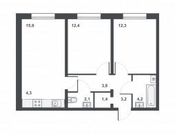 3-комнатная, 59.5 м²