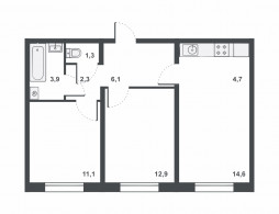 3-комнатная, 56.8 м²