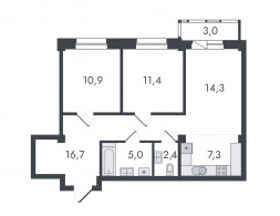 3-комнатная, 71 м²