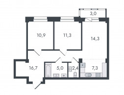3-комнатная, 70.9 м²