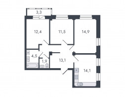 3-комнатная, 75.7 м²