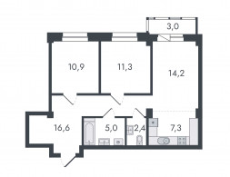 3-комнатная, 70.7 м²
