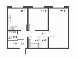 2-комнатная, 57.7 м²