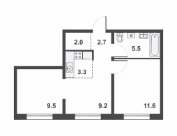 3-комнатная, 43.8 м²