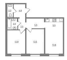 3-комнатная, 64.2 м²