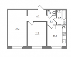 2-комнатная, 56.7 м²
