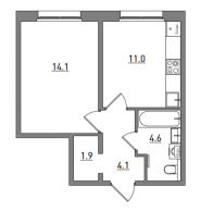 1-комнатная, 35.7 м²