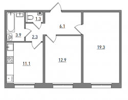 2-комнатная, 56.9 м²