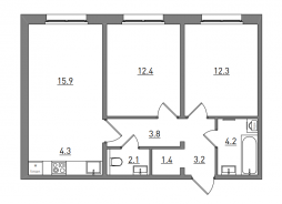 3-комнатная, 59.6 м²