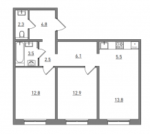 3-комнатная, 64.2 м²