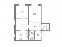Евро 3-комнатная, 56.9 м²