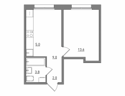Евро 2-комнатная, 33.4 м²