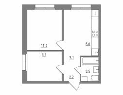 Евро 3-комнатная, 39.7 м²