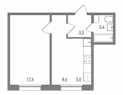 Евро 2-комнатная, 37.9 м²